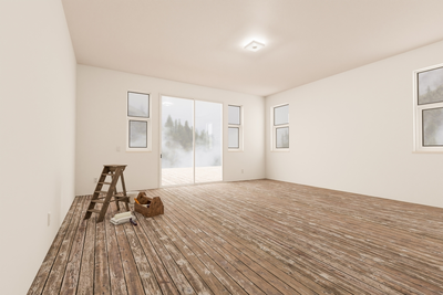 ladder and painting equipment in unfinished room