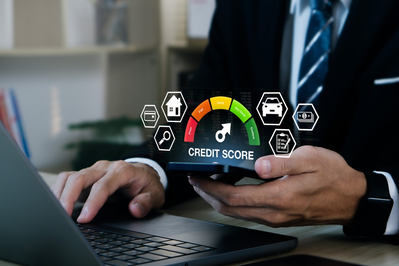 man in suit checking credit score online with diagram of credit ranges hovering over smartphone