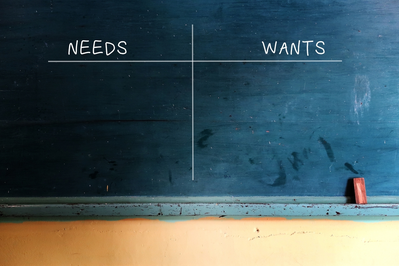 chalkboard with handwritten Needs and Wants chart