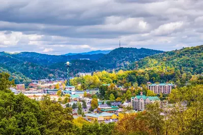 view of downtown Gatlinburg surrounded by the beautiful Smoky Mountains