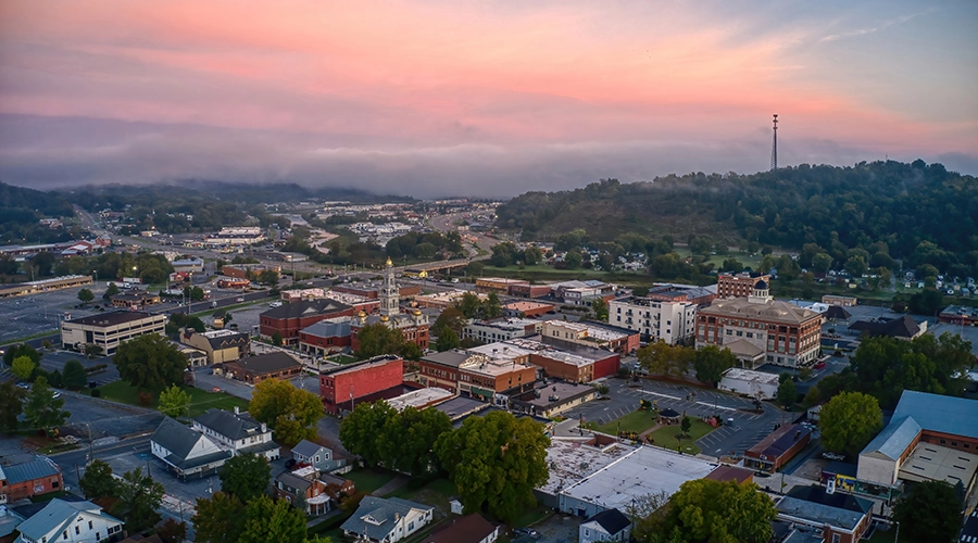 Drone view of Sevierville TN, overlooking houses and businesses