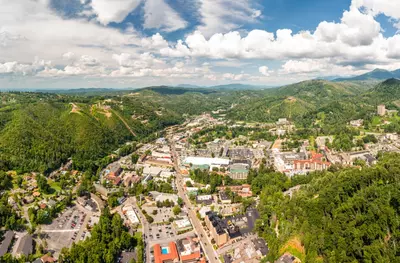 wide aerial view of Gatlinburg in Sevier County