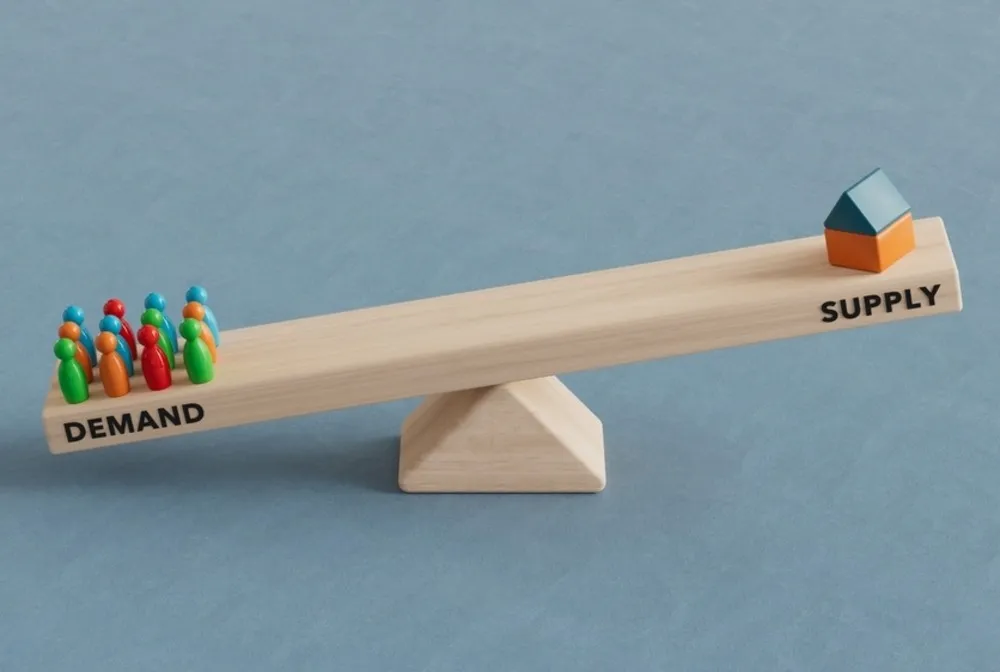 balance demonstrating real estate supply and demand with people on one side and a house on the other