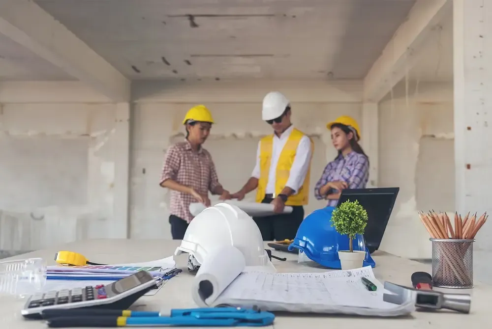 construction team looking at renovation plans