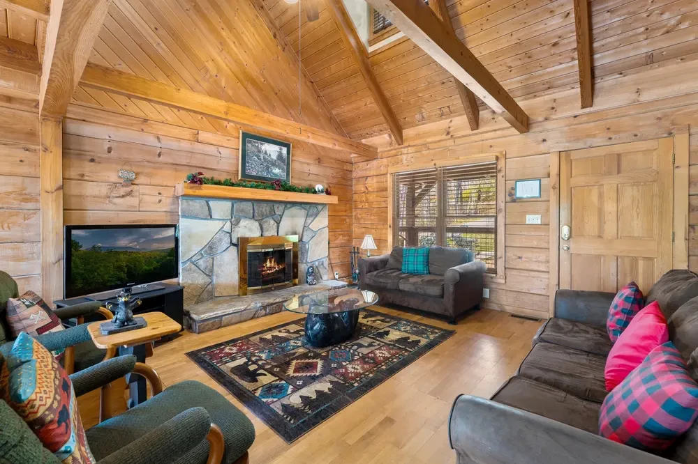cabin living room with fireplace